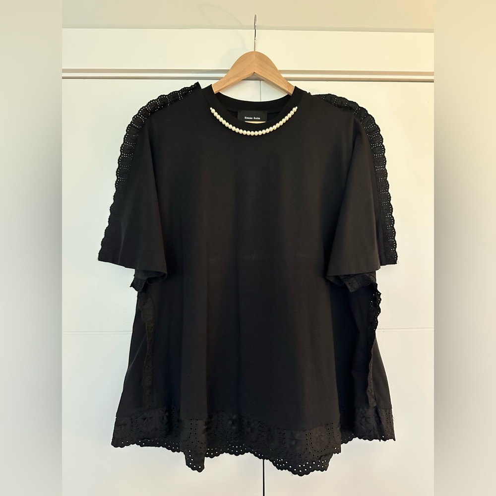 Simone Rocha Black t-shirt with Lace and Pearl Detail, size small